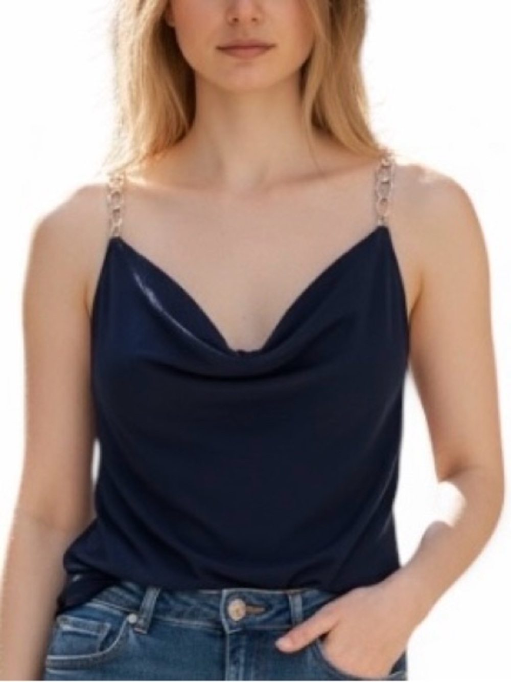 Lipstick Black Cowl Neck Chain Strap Tank Top